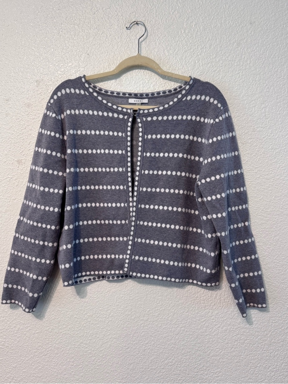 Sioni Women Gray/White Polka Dot Knit Zip Cardigan Sweater Long Sleeve L